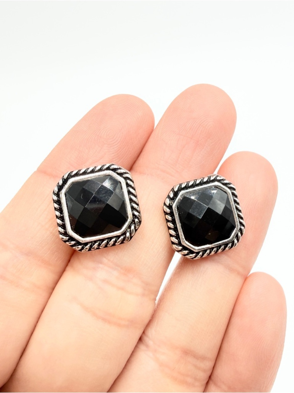 Vintage NWH Black Stone Clip-On Earrings Silver Tone Geometric Stud